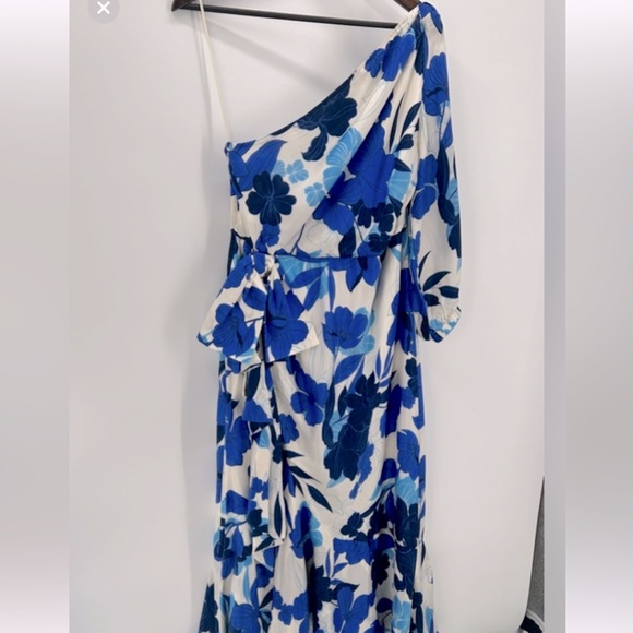 J.Crew Collection one-shoulder ruffle-hem dress blue painted floral print. Sz 00 - Picture 5 of 7